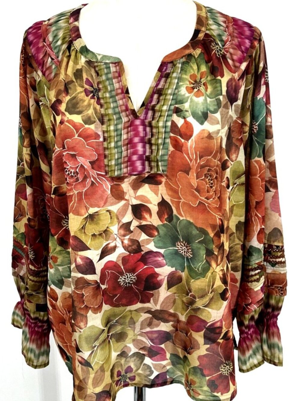 Democracy Womens Blouse XL Floral Top Shades of Fall Cottagecore Boho